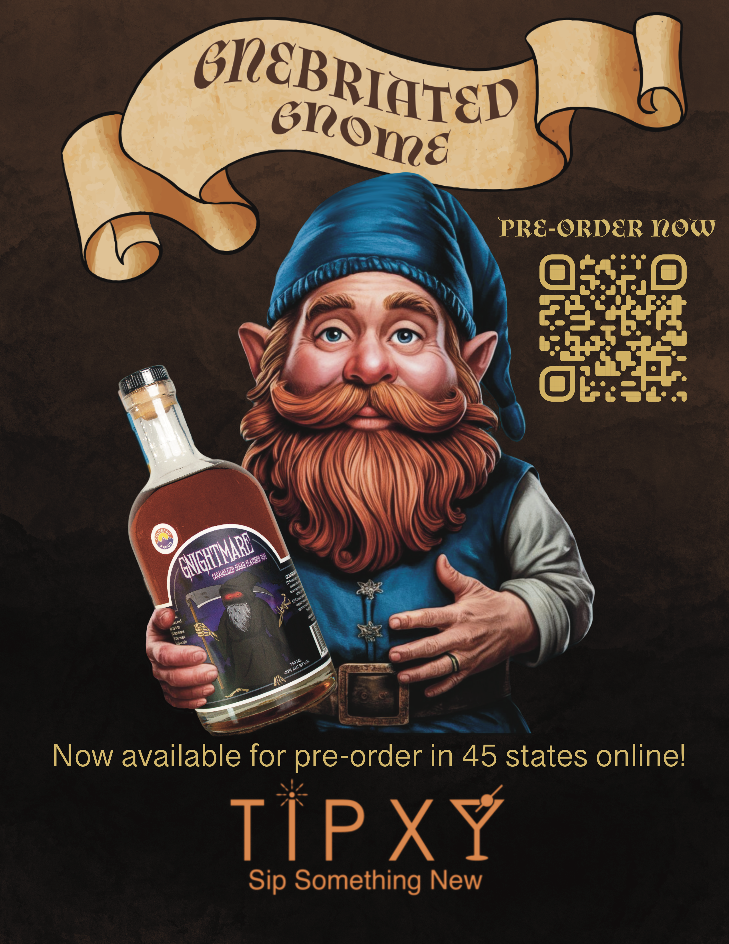 Gnorm the Gnome holding a bottle of rum announcing the ordering of products online at Tipxy