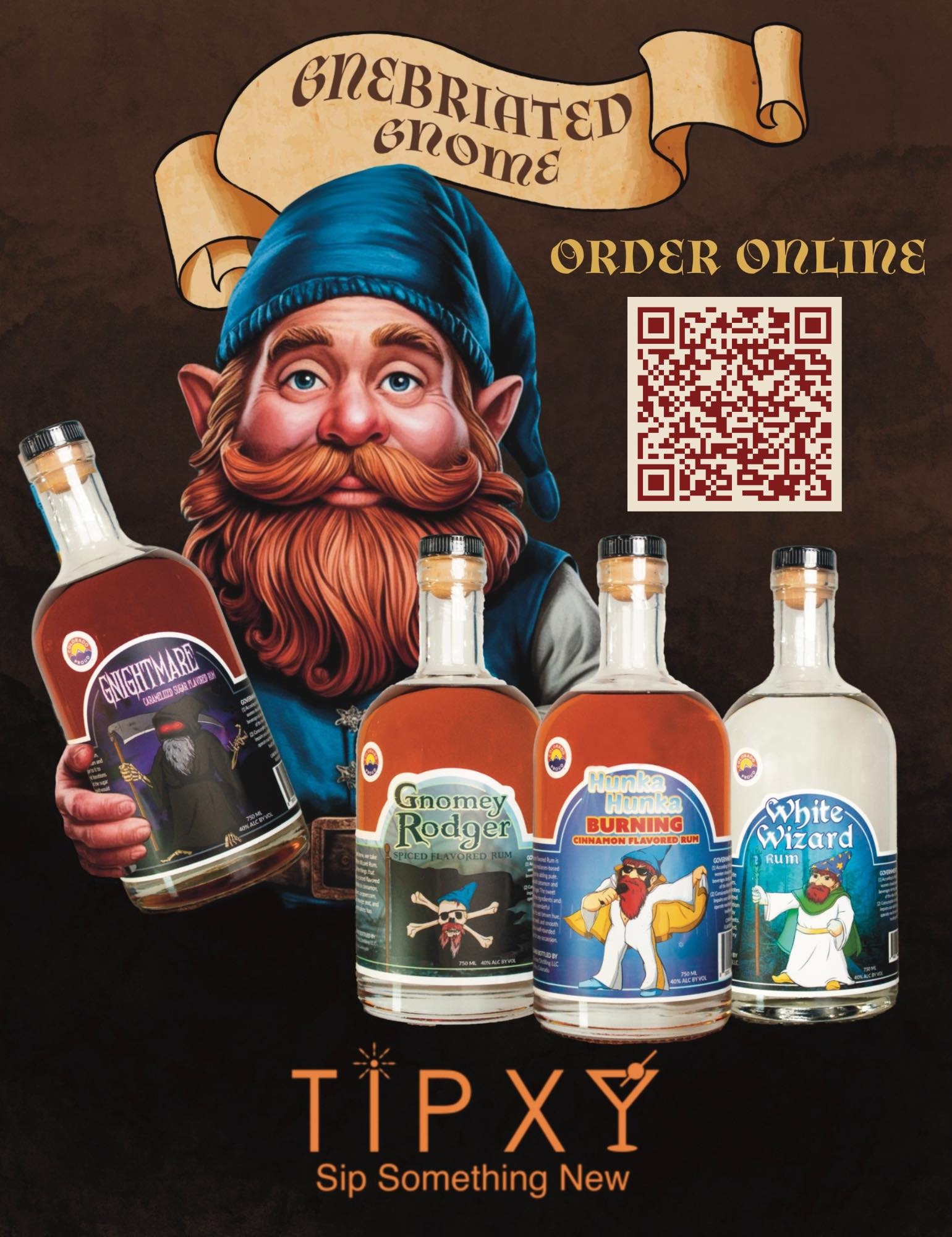 Gnorm the Gnome holding a bottle of rum announcing the ordering of products online at Tipxy